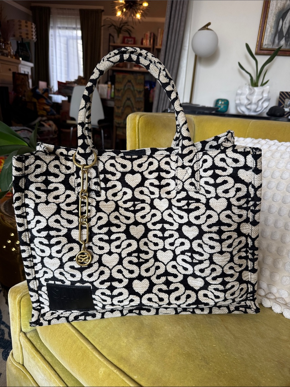 Sandro Black & White Patterned Tote Bag with Gold Chain Accent